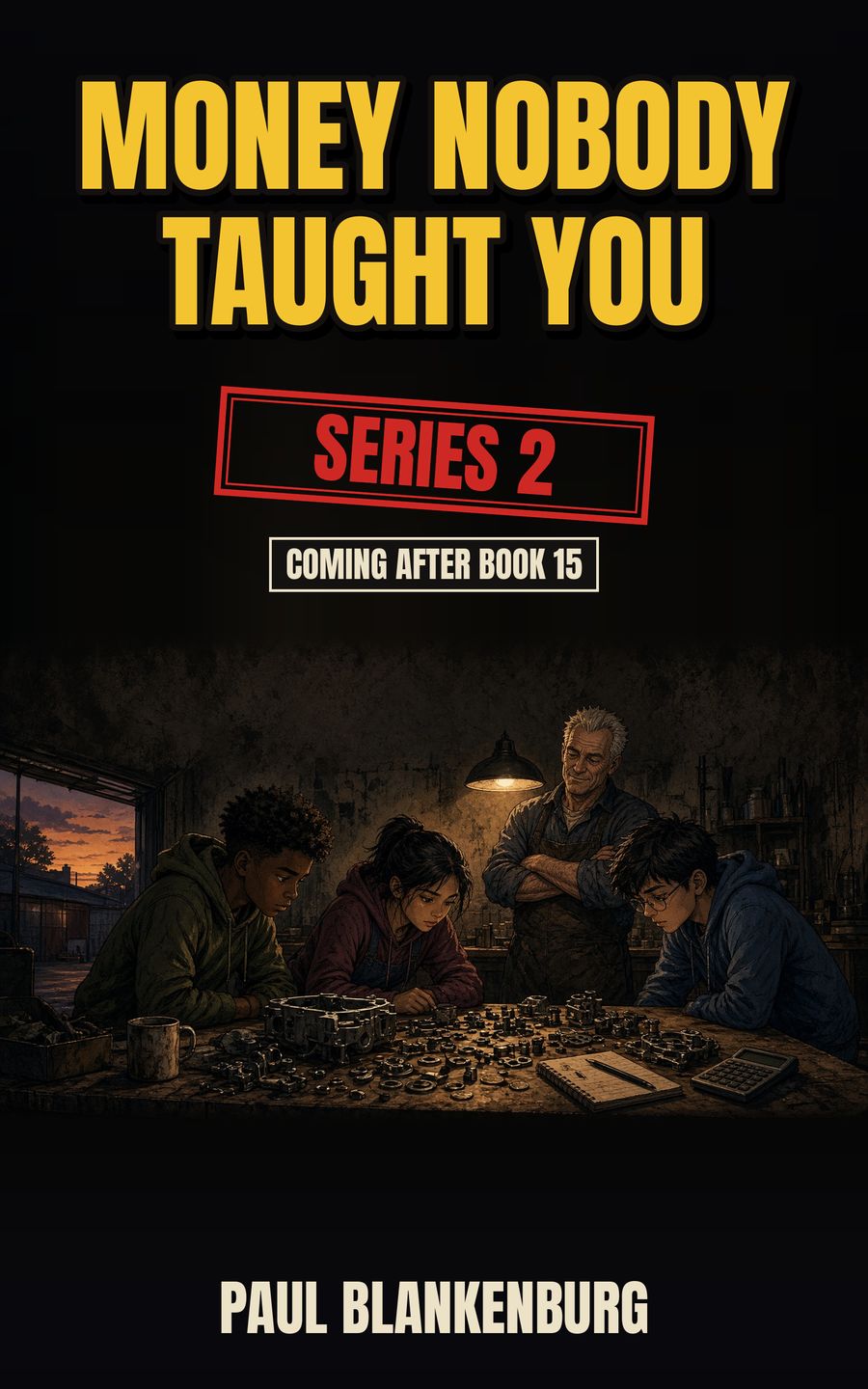Series 2 cover preview: Ray watching three younger kids at a workbench of engine parts