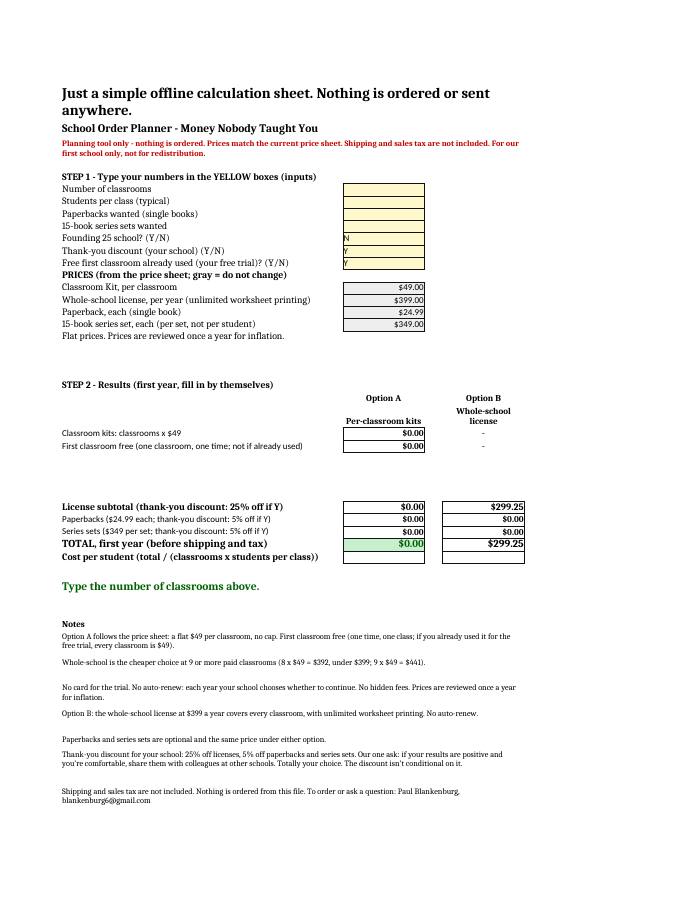 School Order Planner, page 1