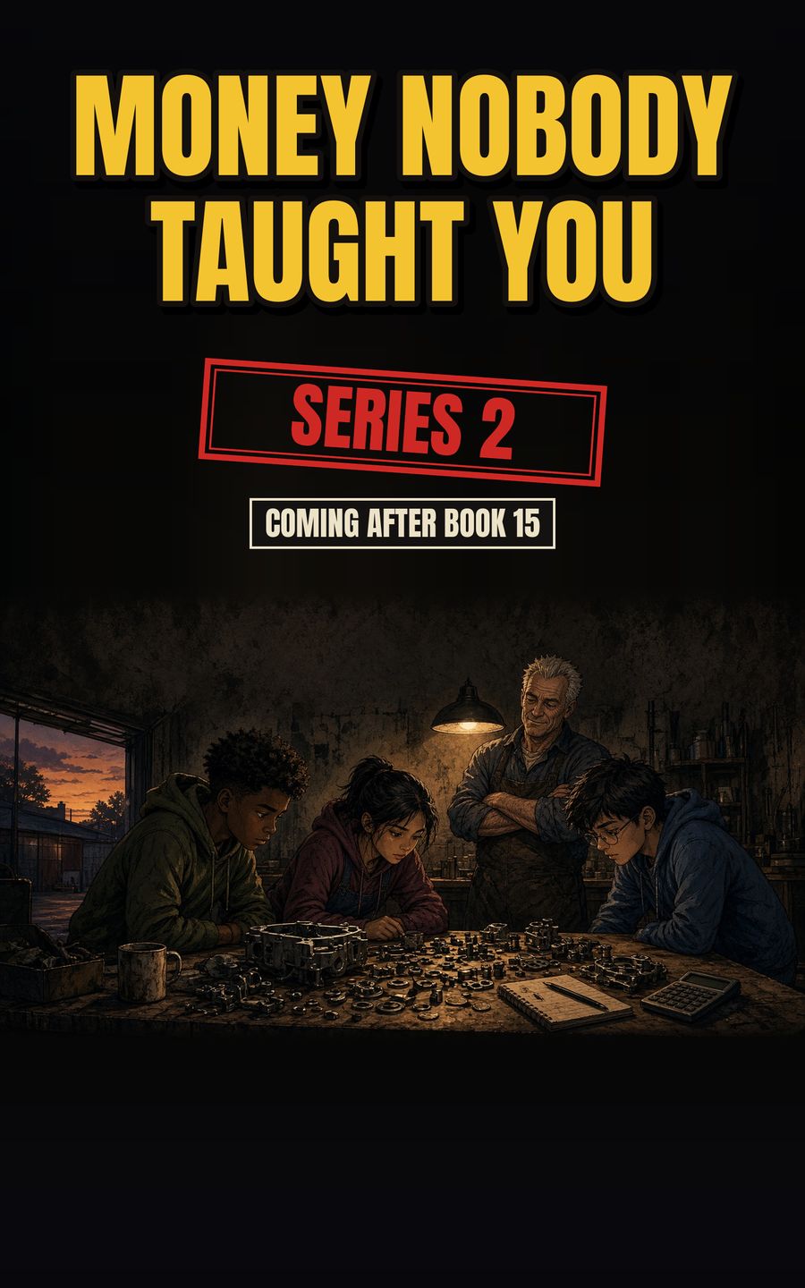 Series 2 cover preview: Ray watching three younger kids at a workbench of engine parts