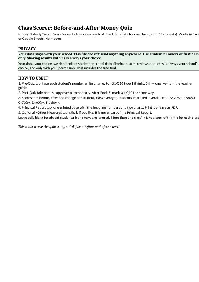 Class Scorer spreadsheet, page 1