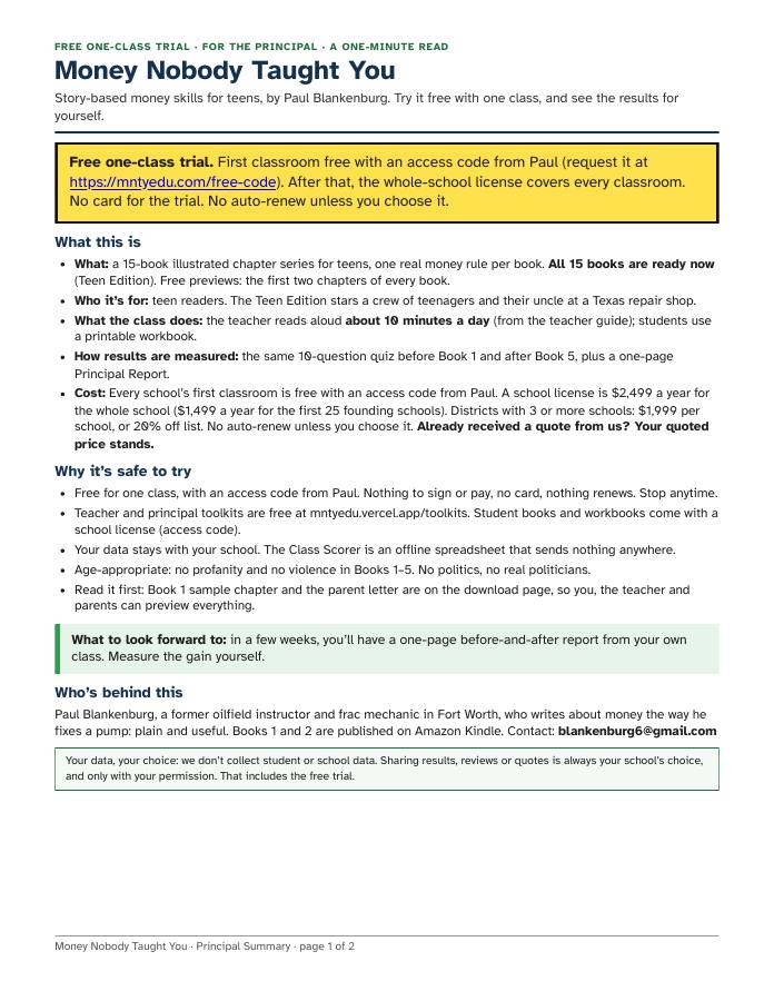 Principal Summary, page 1