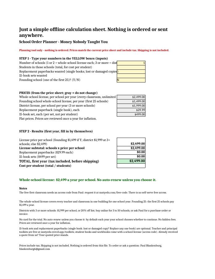 School Order Planner, page 1